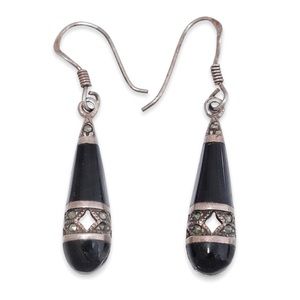 Vintage Black Onyx & Marcasite Sterling Silver Dangle Earrings Long Teardrop